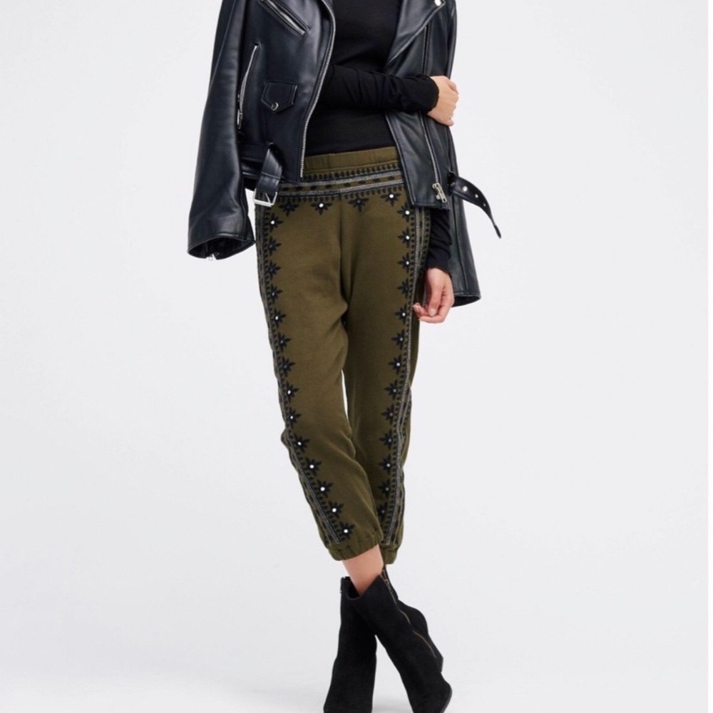 Free People Sz S FP One Three Wishes Olive Green Embroidered Mirror Sequin Pants